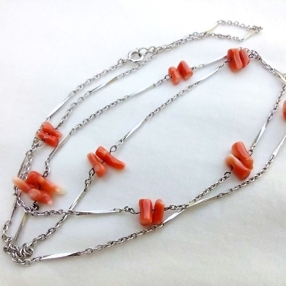 Boho Silver Tone Delicate Long Necklace with Cut Coral Accents / Layer Necklace